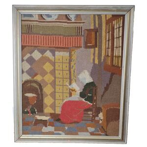 Antique Handmade NeedlePoint 1939  Picture Frame Colonial America Pilgrim